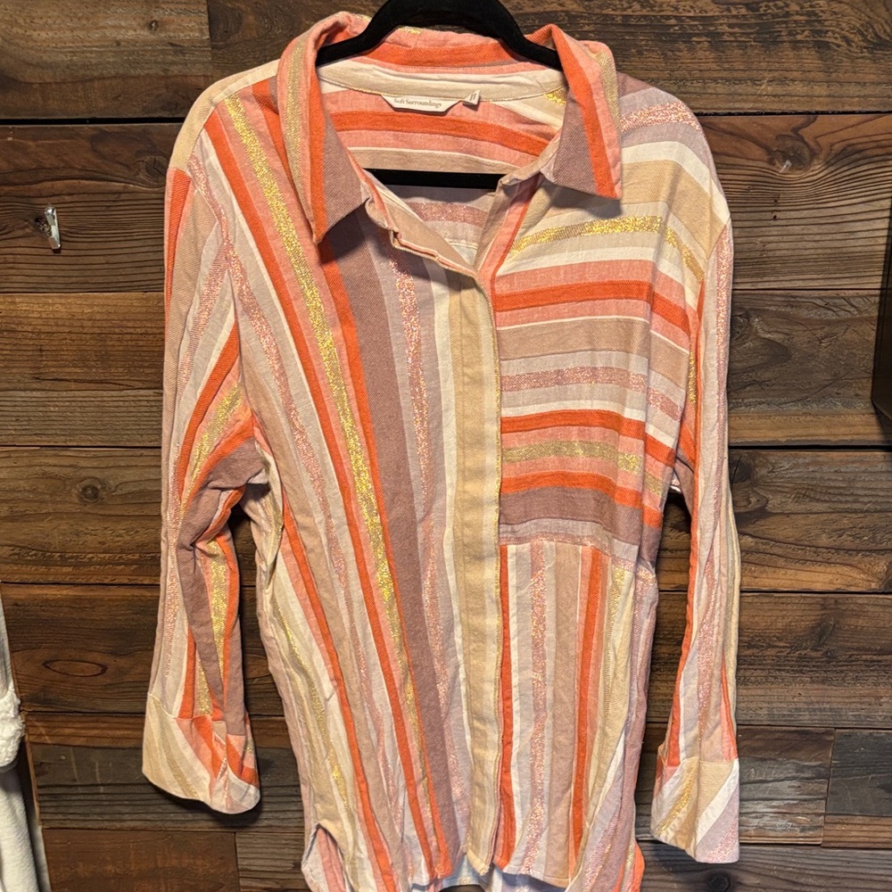 Soft Surroundings Orange and Pink Striped Button Down Shirt